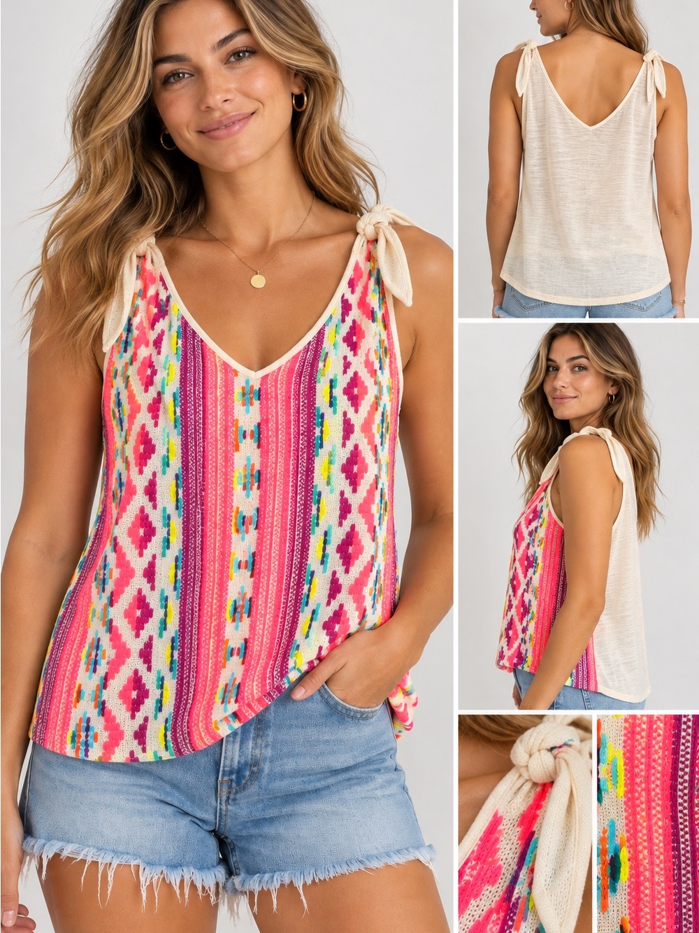Anthropologie Dolan Neon Embroidered Tie Shoulder Tank Top Size M Boho